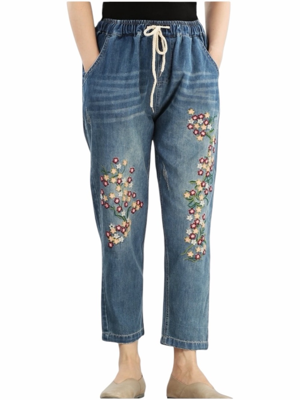 Aitailan Floral Embroidery Elastic Waist High Rise Boyfriend Crop Jeans Large
